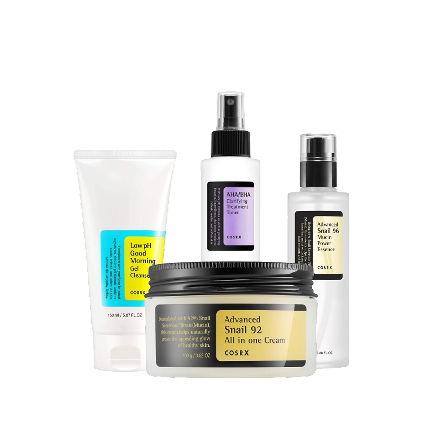 Koreanska hudvårdsprodukter på vit bakgrund: COSRX Low pH Good Morning Gel Cleanser för mild rengöring och balansering av hudens pH, COSRX Advanced Snail 96 Mucin Power Essence för djup återfuktning och reparation av hudbarriären, COSRX AHA/BHA Clarifying Treatment Toner för exfoliering och förbättrad hudtextur, och COSRX Advanced Snail 92 All In One Cream för återfuktning och stärkt elasticitet.