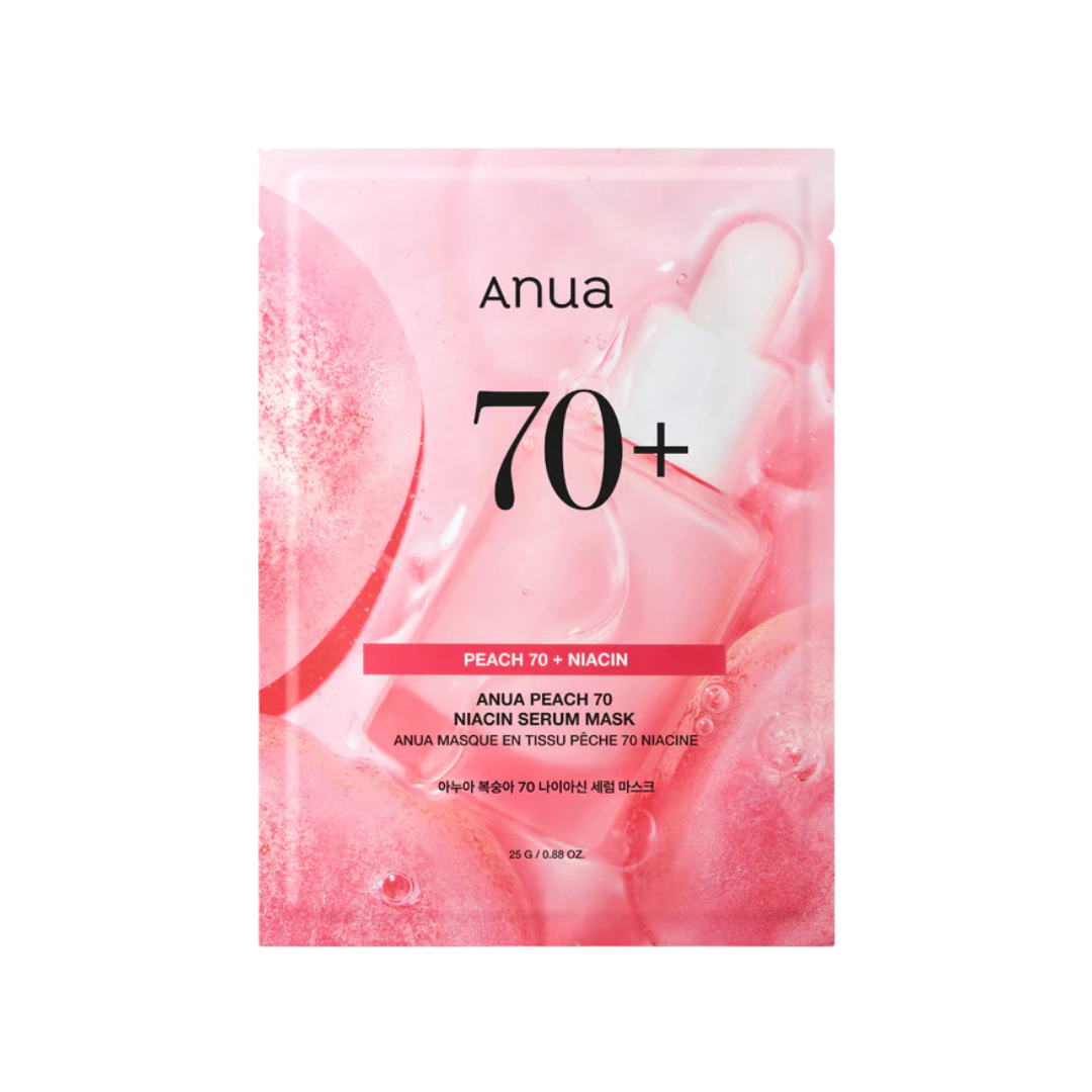 Anua Peach 70% Niacin Serum Mask med 70% på vit bakgrund.