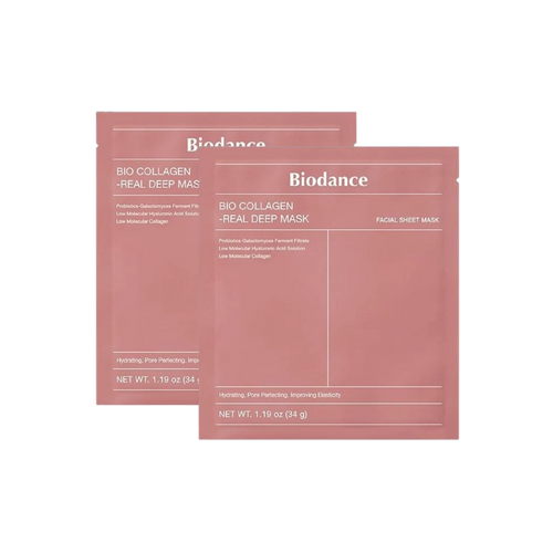 Två BIODANCE Bio-Collagen Real Deep Masks bredvid varandra på vit bakgrund.