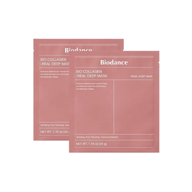 Två BIODANCE Bio-Collagen Real Deep Masks bredvid varandra på vit bakgrund.