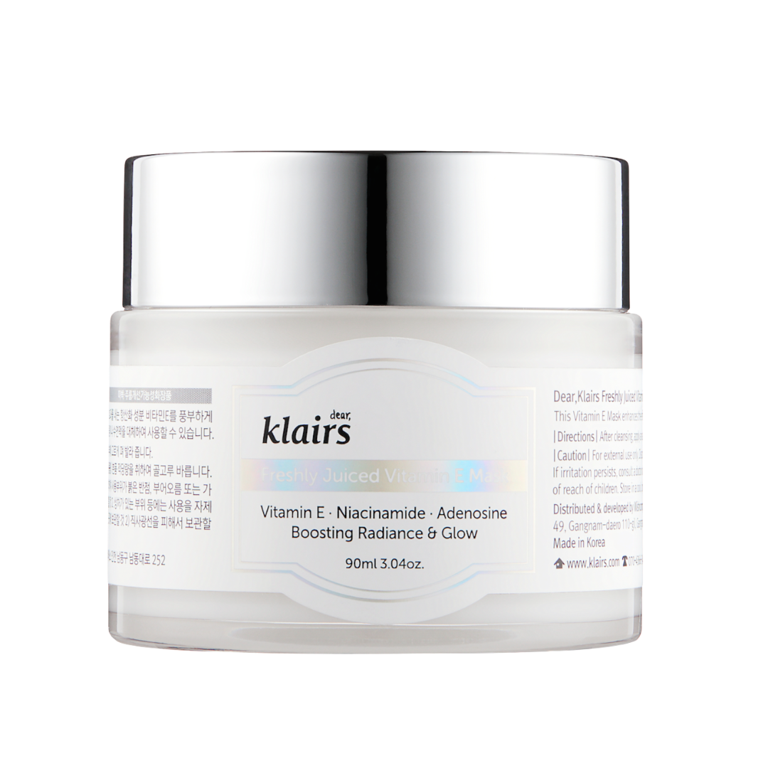 Klairs Freshly Juiced Vitamin E Mask på en vit bakgrund.