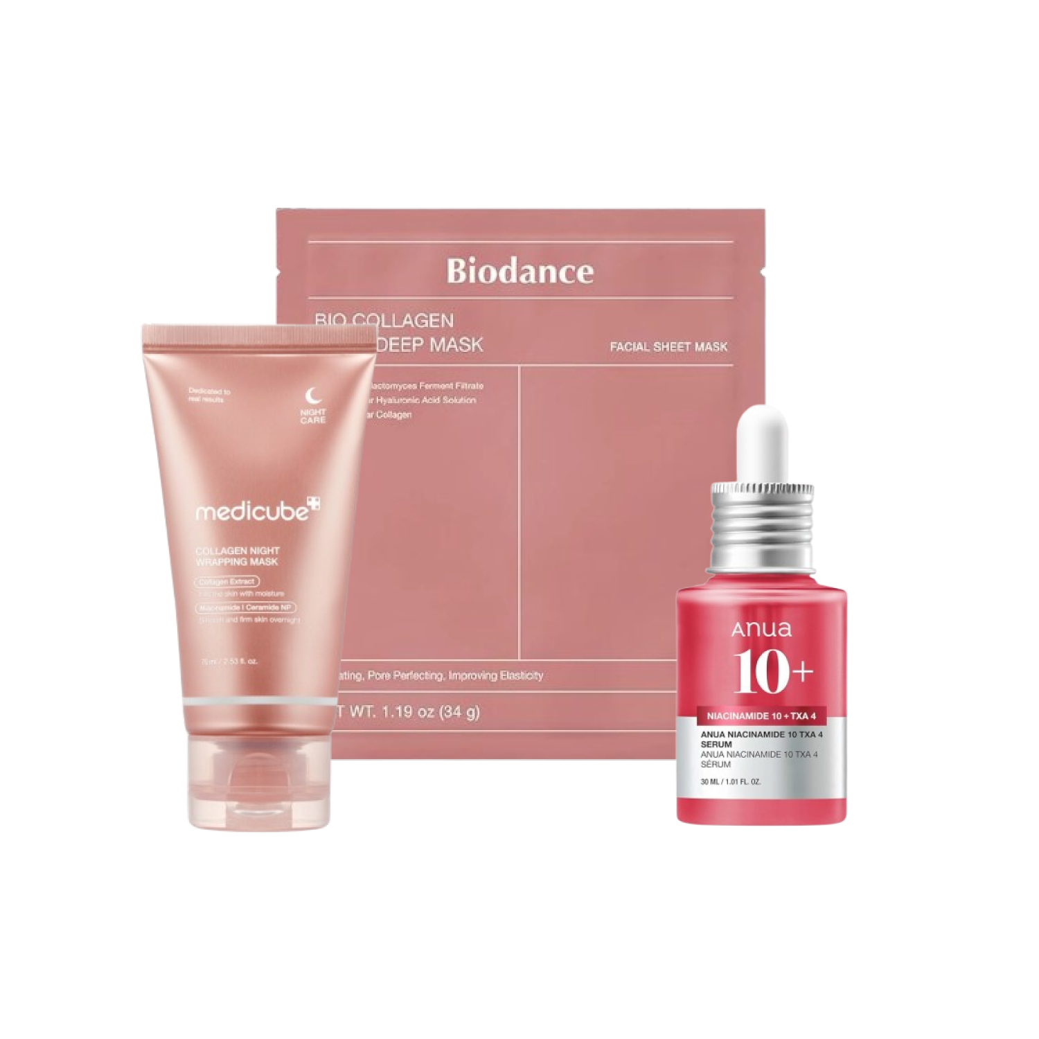 Tre hudvårdsprodukter för återfuktning elasticitet och mot mörka fläckar, inklusive Medicube Collagen Night Wrapping Mask, Biodance Bio Collagen Real Deep Mask och Anua Niacinamide 10+ TXA Serum i en vit bakgrund.