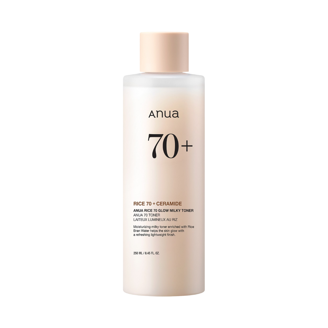 Anua Rice 70 Glow Milky Toner 250ml på vit bakgrund.
