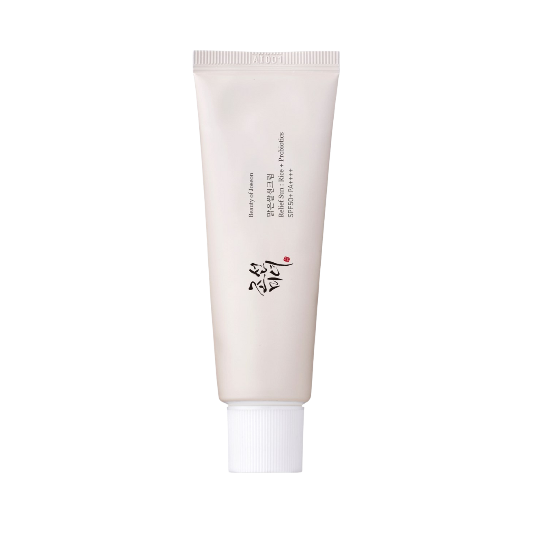 Beauty of Joseon - Relief Sun: Rice + Probiotics SPF 50+ PA++++ på en vit bakgrund.