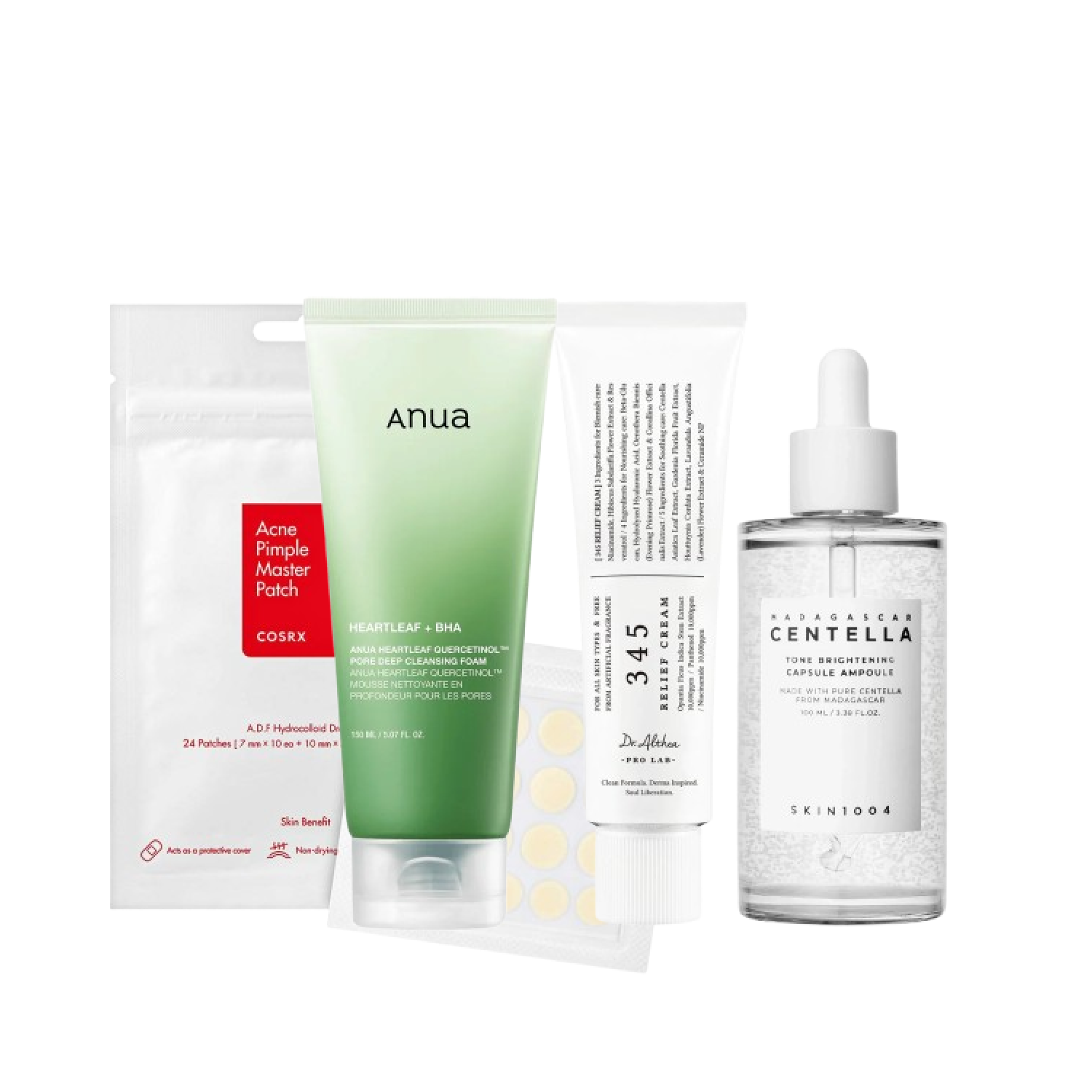 Effektiva koreanska hudvårdsprodukter mot akne: COSRX Acne Pimple Patch, Anua BHA rengöringsskum, Dr. Althea kräm och SKIN1004 Centella tone brighting capsule ampoule för klar hud.