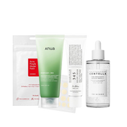 Effektiva koreanska hudvårdsprodukter mot akne: COSRX Acne Pimple Patch, Anua BHA rengöringsskum, Dr. Althea kräm och SKIN1004 Centella tone brighting capsule ampoule för klar hud.